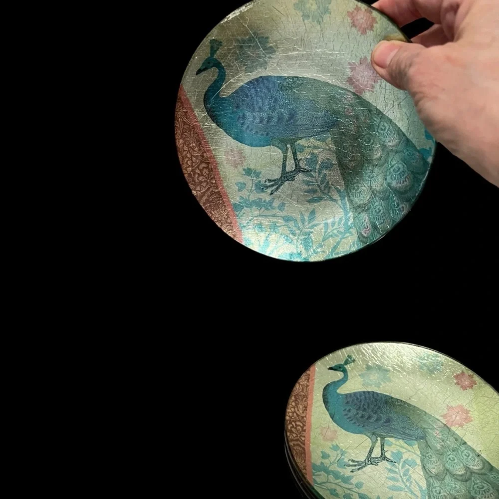 Pier 1 Imports Foiled Back 6” Peacock Appetizer Dessert Plates set of 4